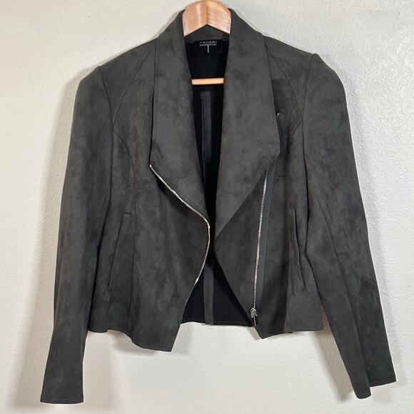 Tahari T Faux Suede Moto Jacket Women’s Gray Waterfall Layered Casual Chic Sz XS - Picture 1 of 10